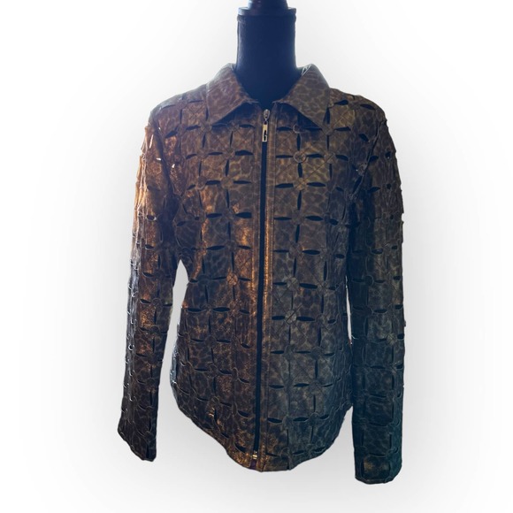 Women’s‎ Vintage Gold and Black Image Leather Jacket | Size Small - Picture 1 of 9